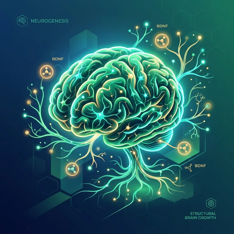 A vibrant 3D illustration of a human brain with glowing organic roots, symbolizing neurogenesis and structural brain growth.