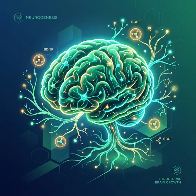 A vibrant 3D illustration of a human brain with glowing organic roots, symbolizing neurogenesis and structural brain growth.