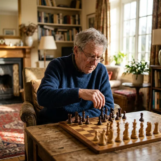 An older man playing chess by himself in a cozy, sunlit living room