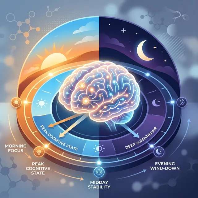 A glowing brain integrated with a sun and moon cycle, representing the biological clock and circadian rhythm alignment.