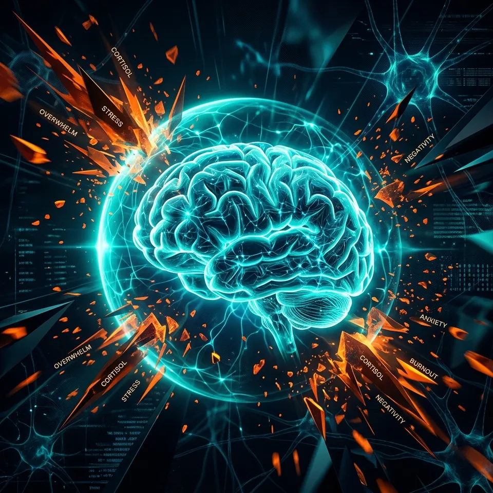 A dramatic visualization of a glowing human brain shielding itself from harsh, jagged environmental stressors.