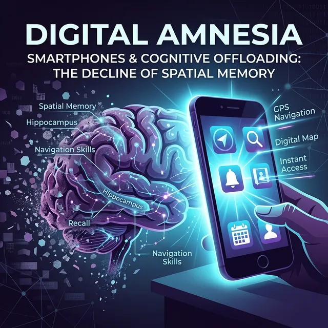 A glowing smartphone screen contrasted against a fading human brain, highlighting the dangers of cognitive offloading.