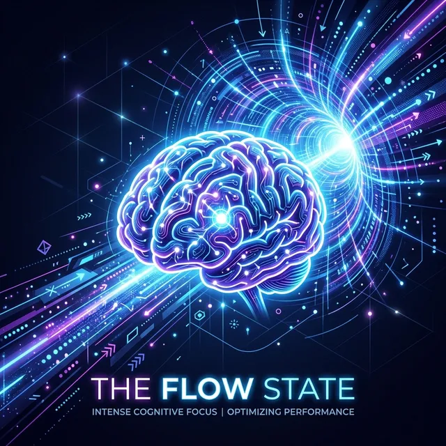 A futuristic visualization of a human brain surrounded by a hyper-focused tunnel of light representing the flow state.