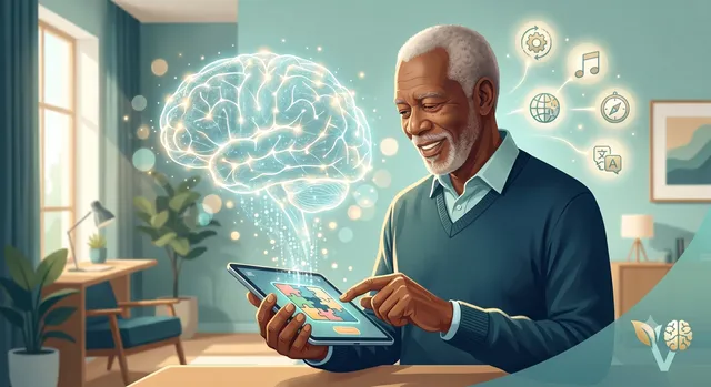 A smiling older man using a tablet with a glowing brain hologram, representing mental fitness, memory improvement, and cognitive health