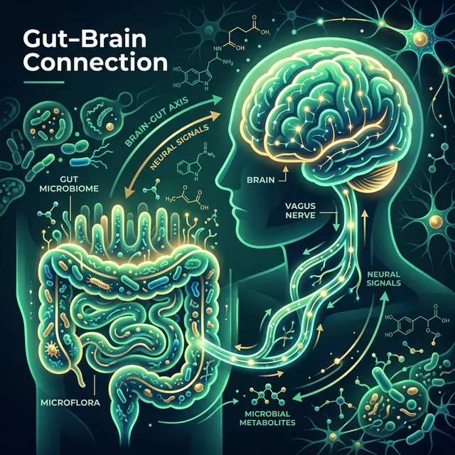 A biological visualization showing the vagus nerve pathway between the gut microbiome and a radiant human brain.