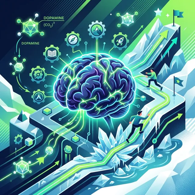 A sleek, stylized human brain with glowing neural pathways interacting with dopamine molecular structures, representing intense focus, drive, and neuroplasticity.