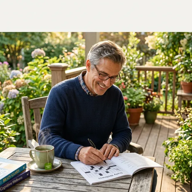 Healthy 50-year-old man solving a crossword puzzle on a sunny porch, sipping green tea