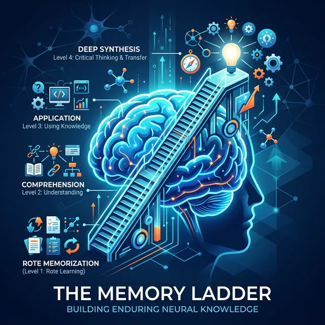 A glowing human brain connected to an ascending abstract ladder, representing the transition from rote memorization to deep cognitive synthesis.