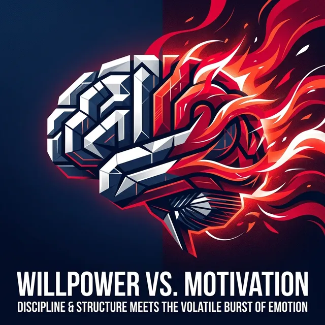 An illustration contrasting a strong, solid geometric brain structure representing discipline against chaotic energy waves representing motivation.