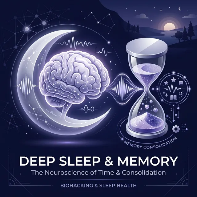 A glowing human brain integrated with subtle waveforms and a modern hourglass, representing deep sleep and memory consolidation.